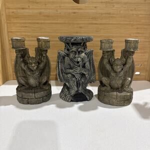 VTG Vandor Gargoyle Candle Holders 1995 Set & Ceramic Pillar Holder Gothic - 3